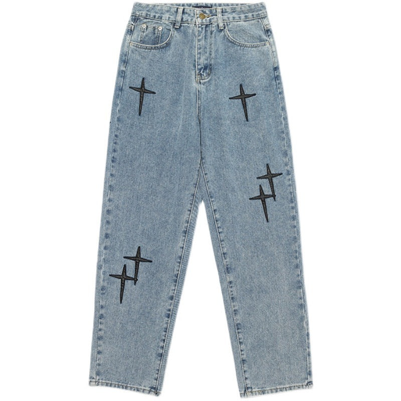 Retro cross patchwork blue denim pants