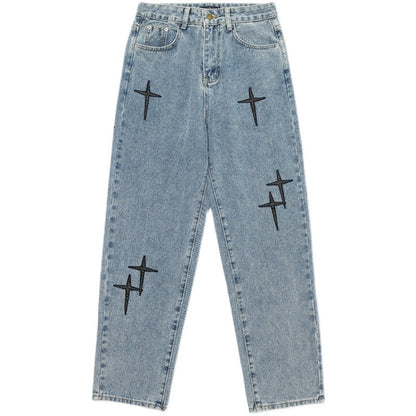 Retro cross patchwork blue denim pants